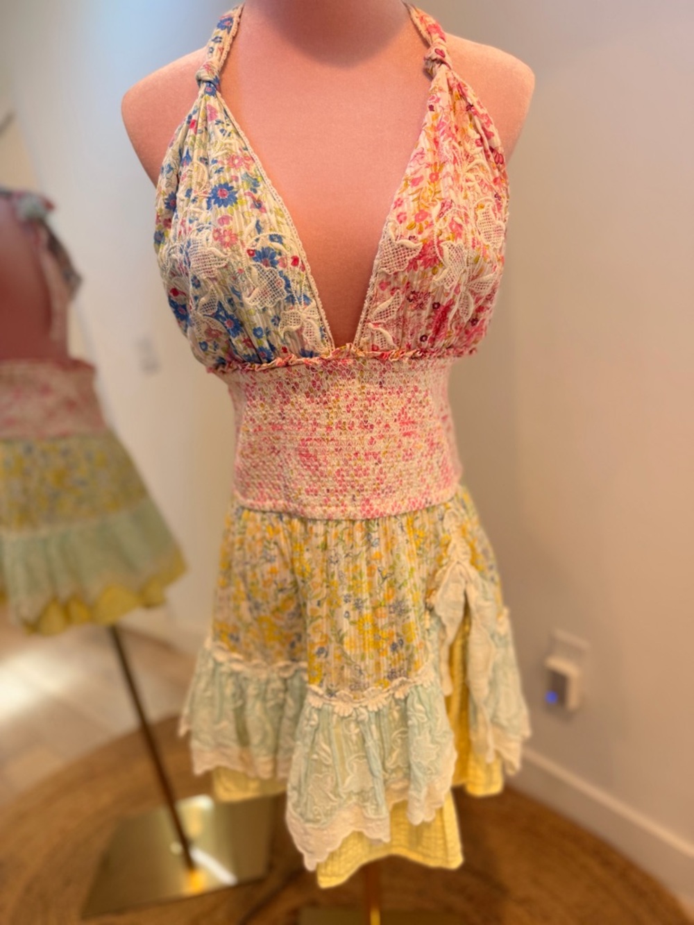LoveShackFancy Cambria floral halter mini dress in pink, yellow, blue